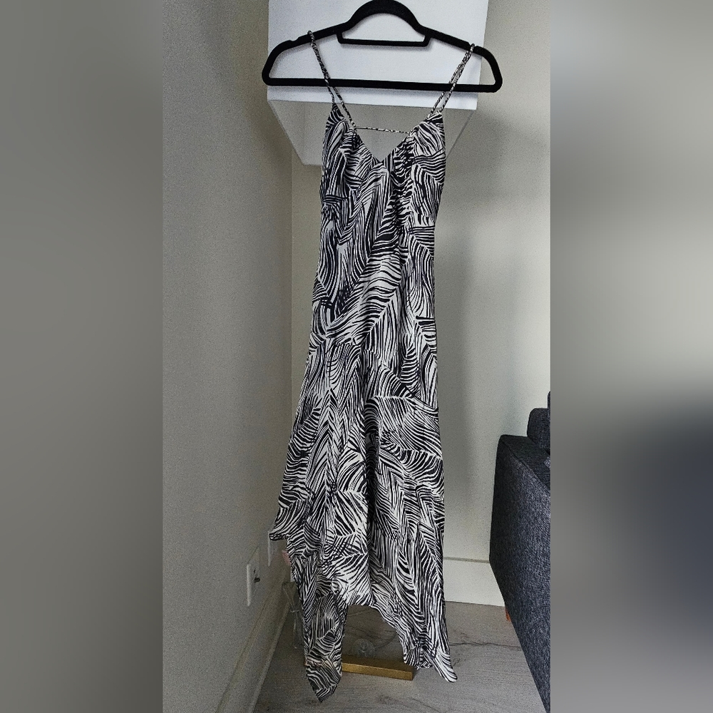 BCBG black and cream silk asymmetrical strappy dress